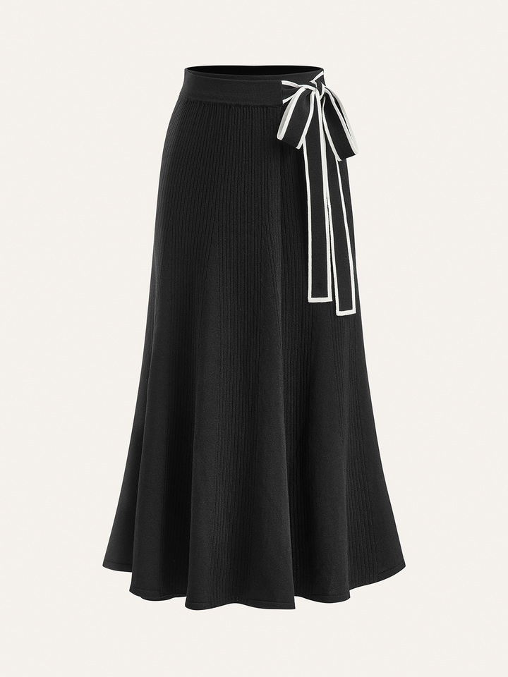 Contrast Bow Belt Ribbed Knit Midi Skirt