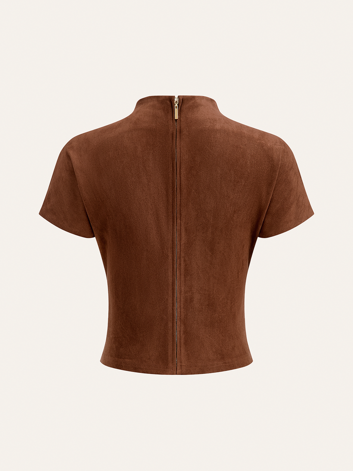 Suede Back Zip Ruched Short-Sleeve Top