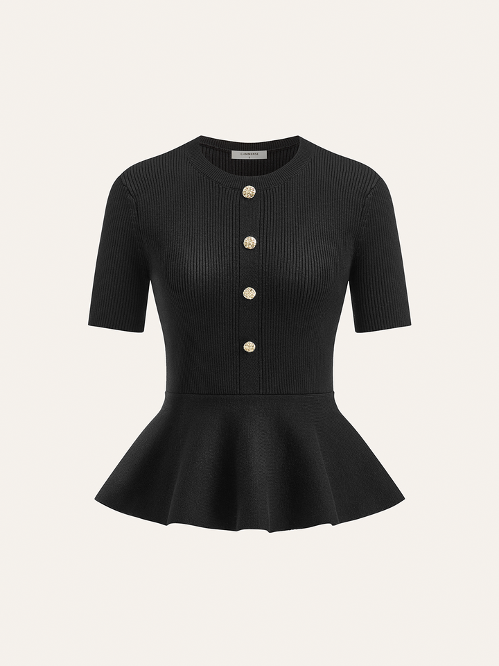 Metal Button Peplum Wool Knit Top