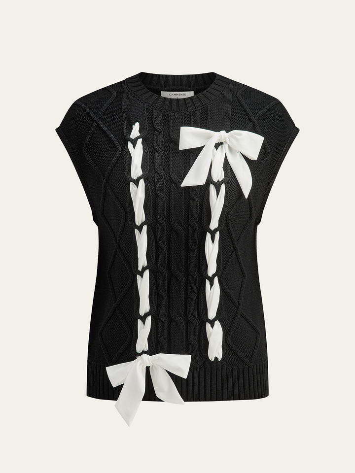 Cable-Knit Bow Cap Sleeve Vest