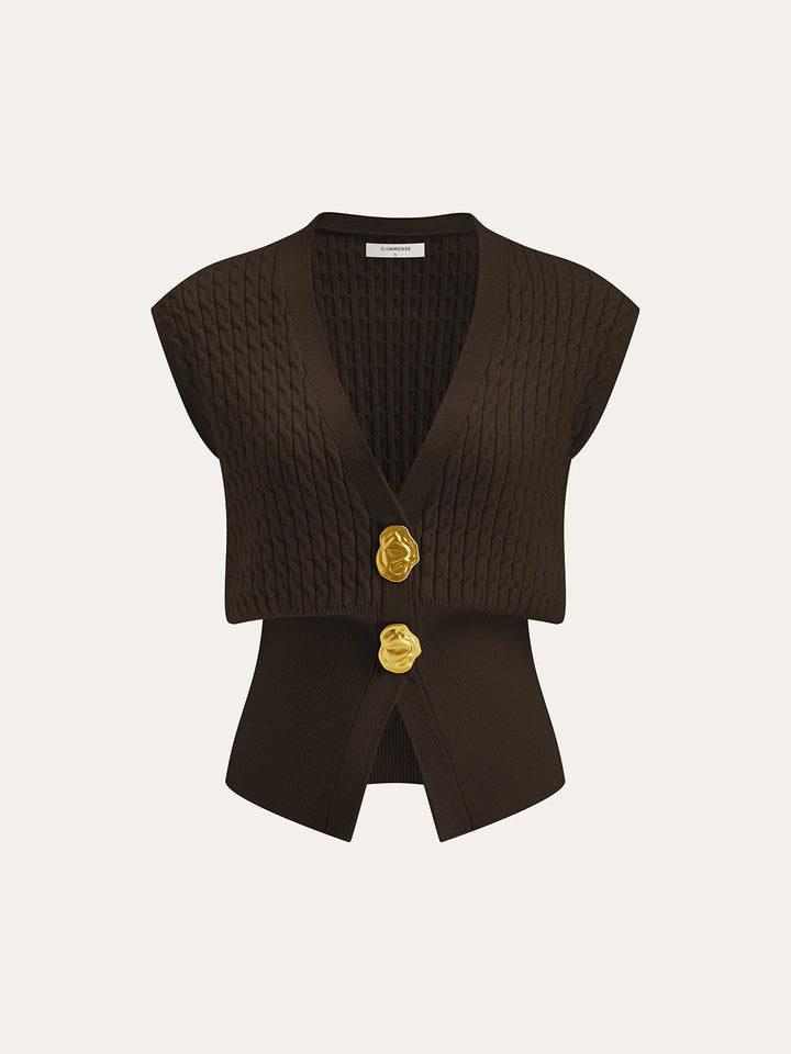 Metal Button Cable Knit Waist-Cinching Vest