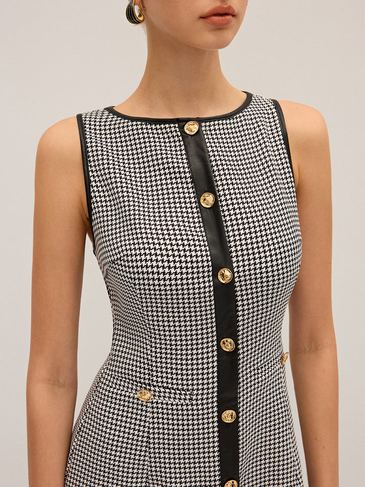 Houndstooth PU Leather Trim Mini Dress