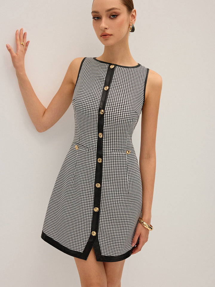 Houndstooth PU Leather Trim Mini Dress