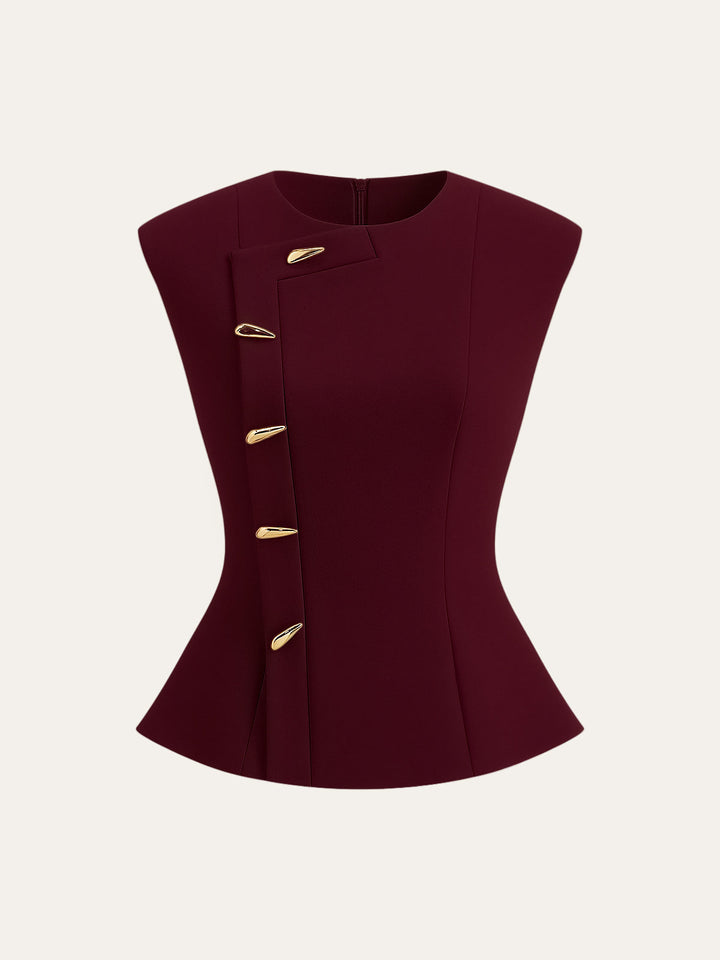 Sleeveless Peplum Top with Metal Buttons
