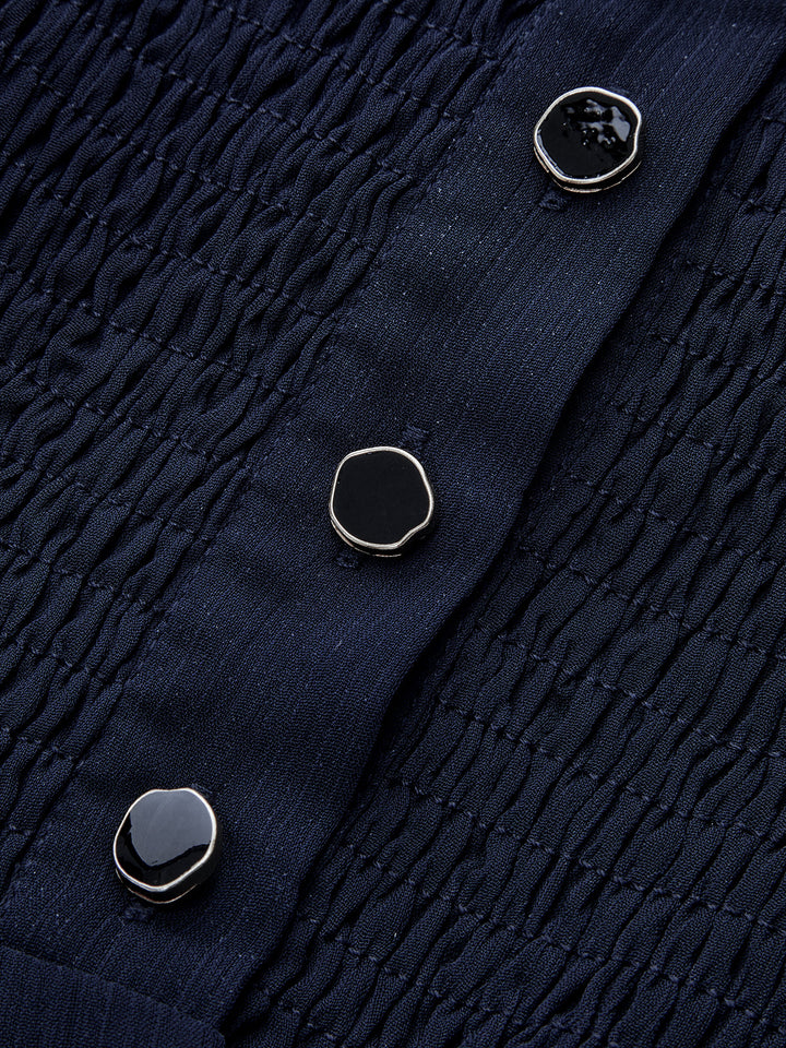 Mesh-Paneled Ruffled Hem Smocked Waist Blouse