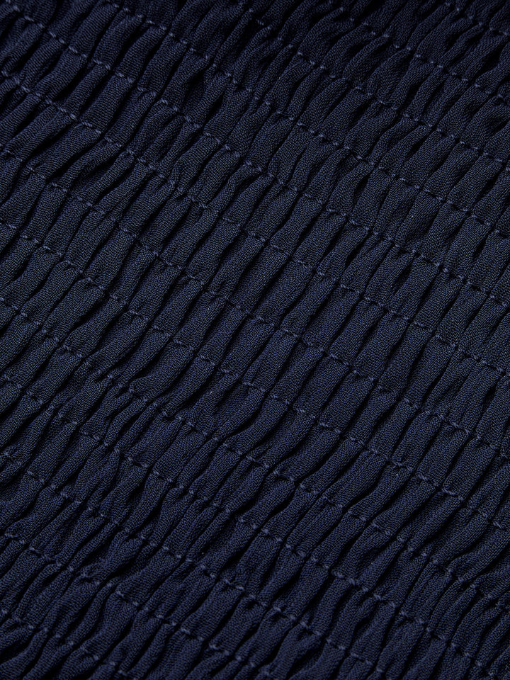 Mesh-Paneled Ruffled Hem Smocked Waist Blouse