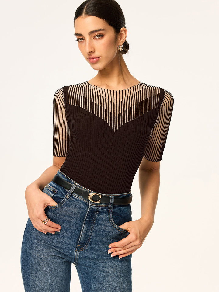 Sheer Stripe Panel Ribbed Knit Top