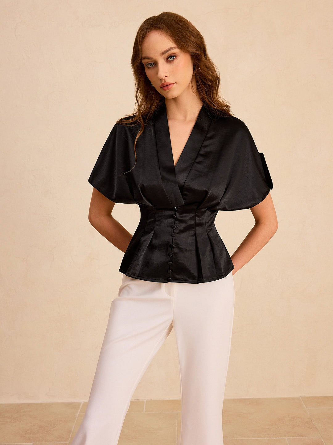 Satin Pleated Button Peplum Top