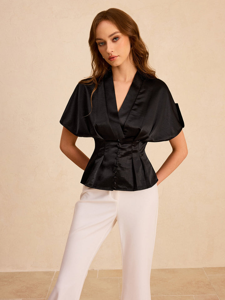 Satin Pleated Button Peplum Top