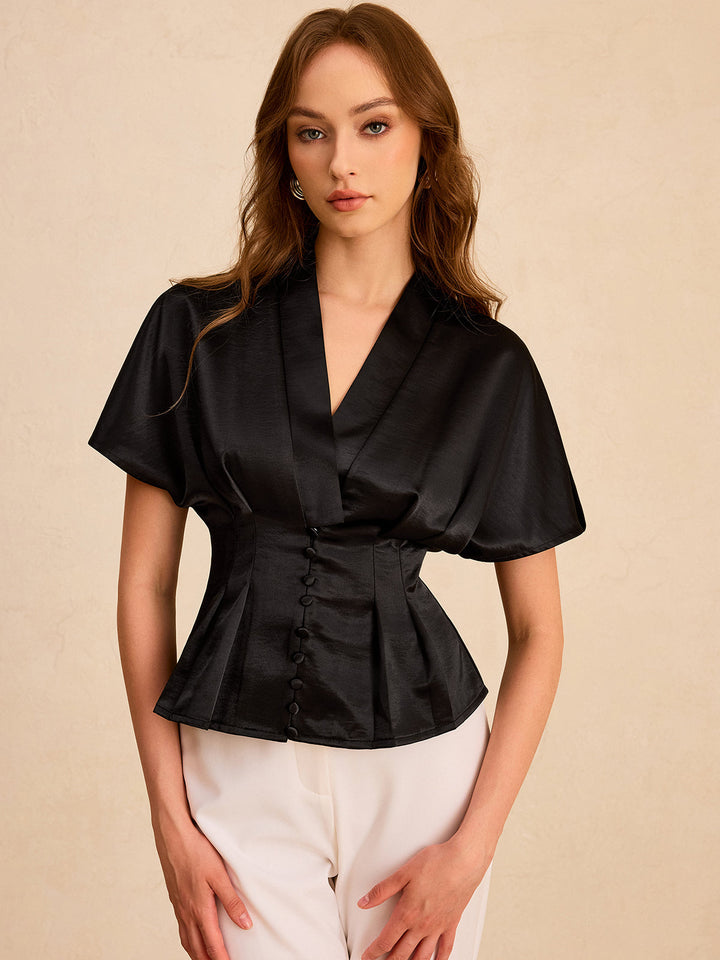Satin Pleated Button Peplum Top