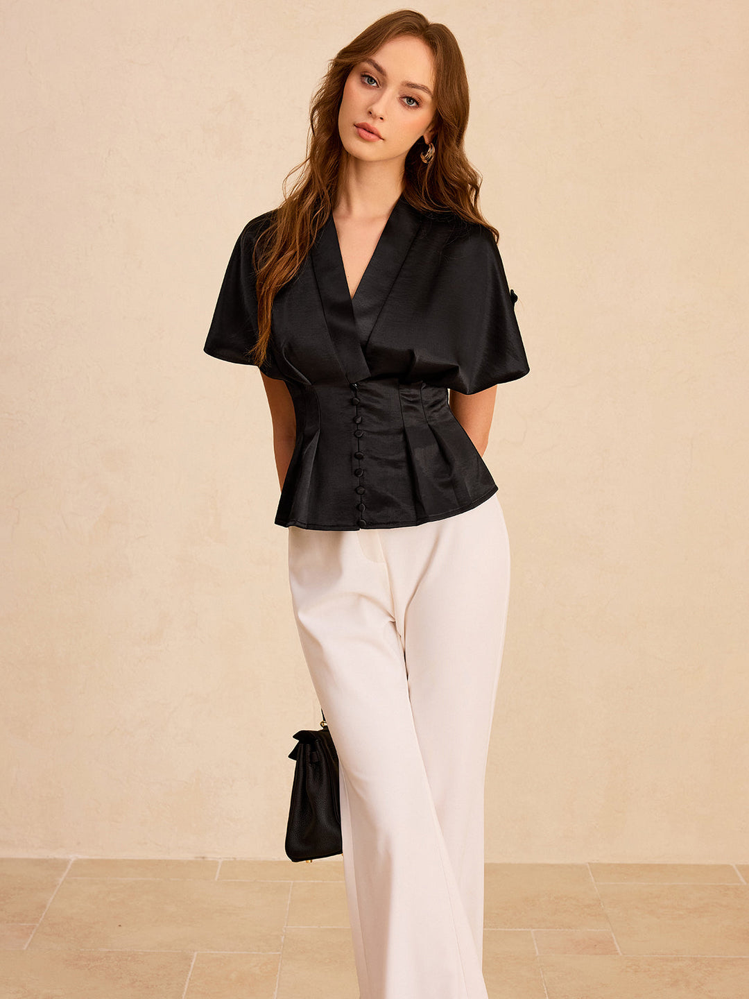 Satin Pleated Button Peplum Top