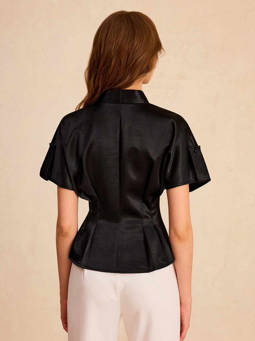 Satin Pleated Button Peplum Top