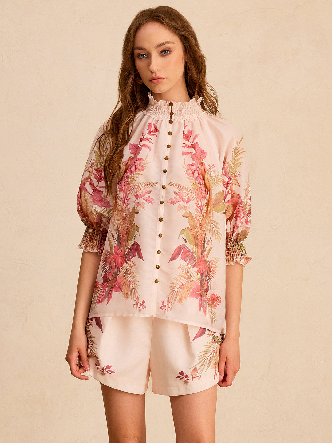 Floral Print Ruffled Mock Neck Blouse