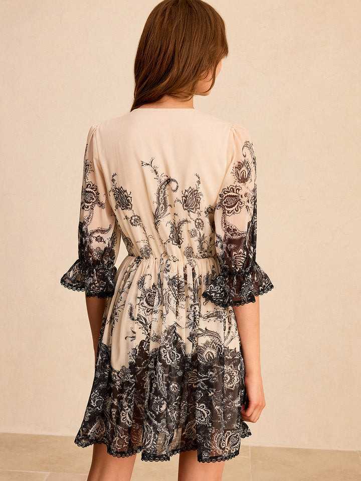 Print Deep V-Neck Mini Dress