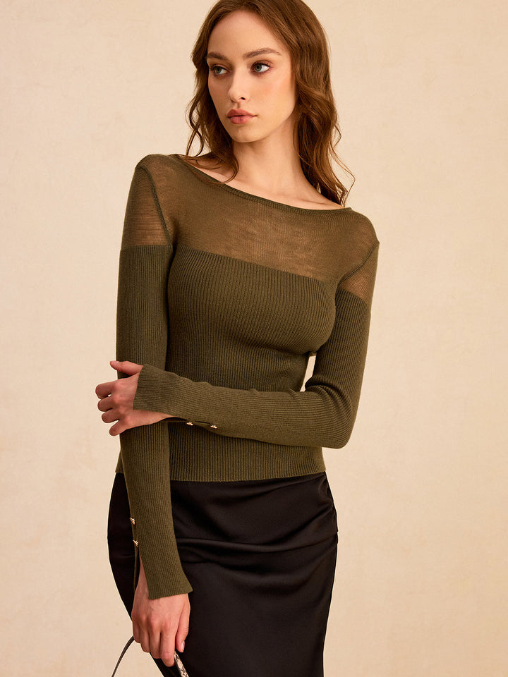 Sheer-Paneled Boat Neck Knit Top