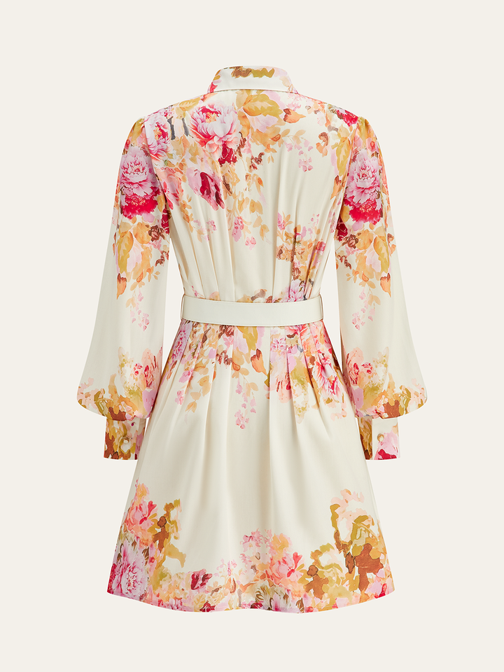 Floral Print Pleated Shirt Dress with Belt