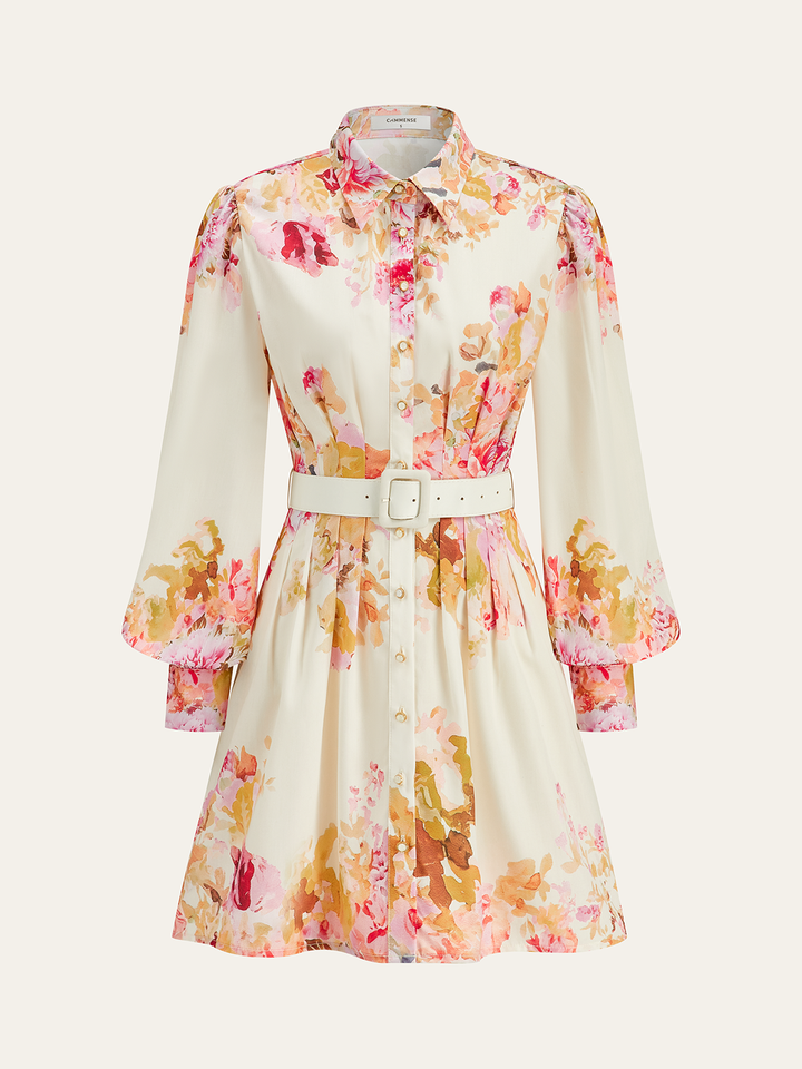 Floral Print Pleated Shirt Dress with Belt