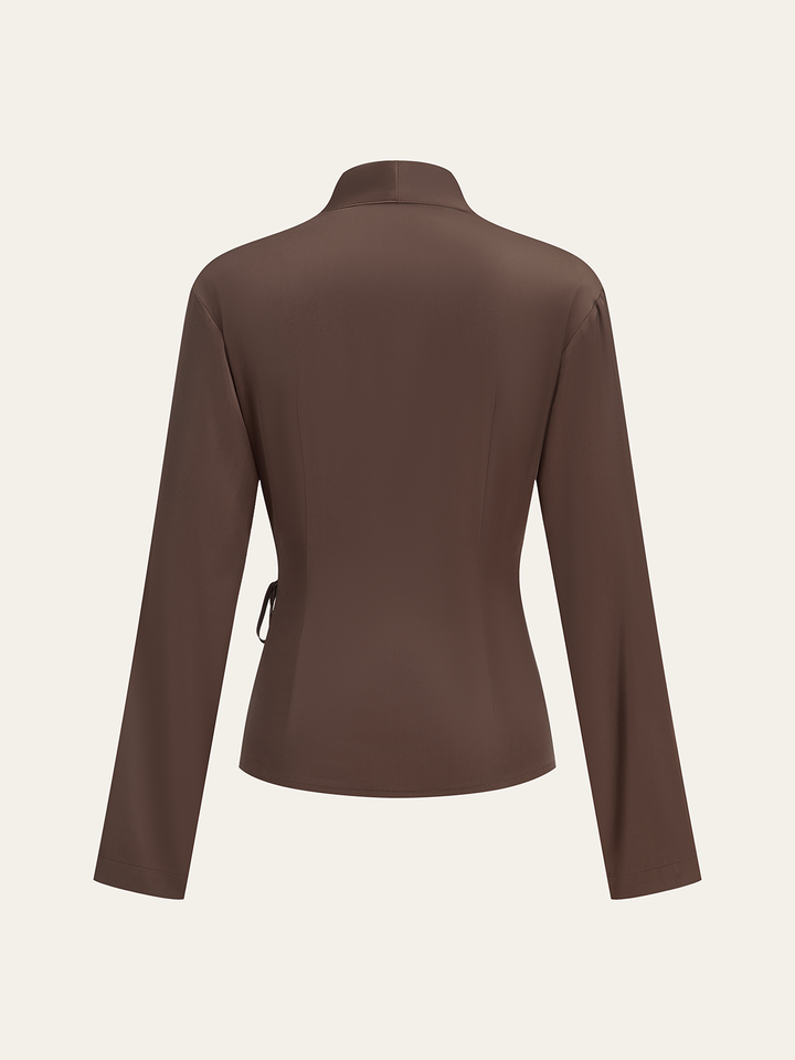Satin Wrap-Front Long-Sleeve Top