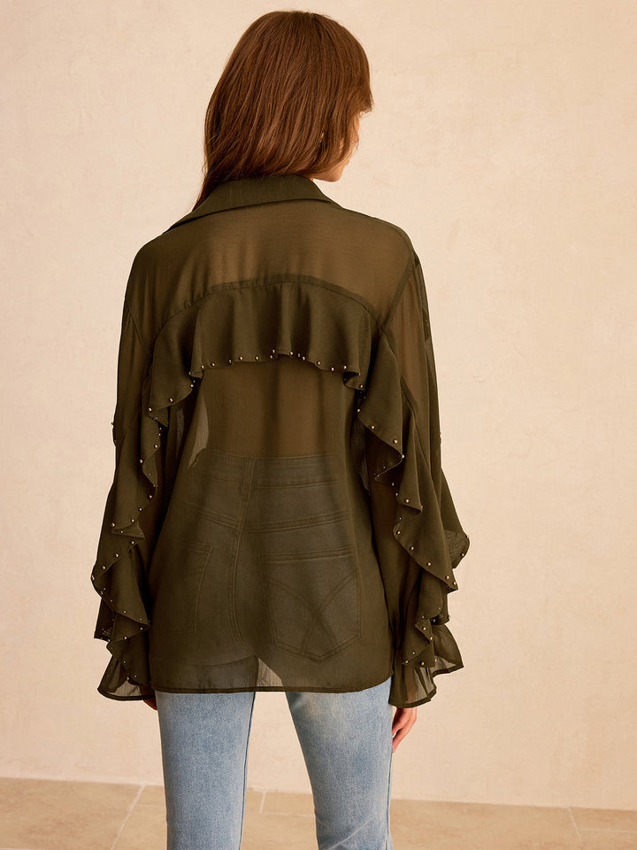 Semi-Sheer Chiffon Ruffle Shirt with Stud Embellishments