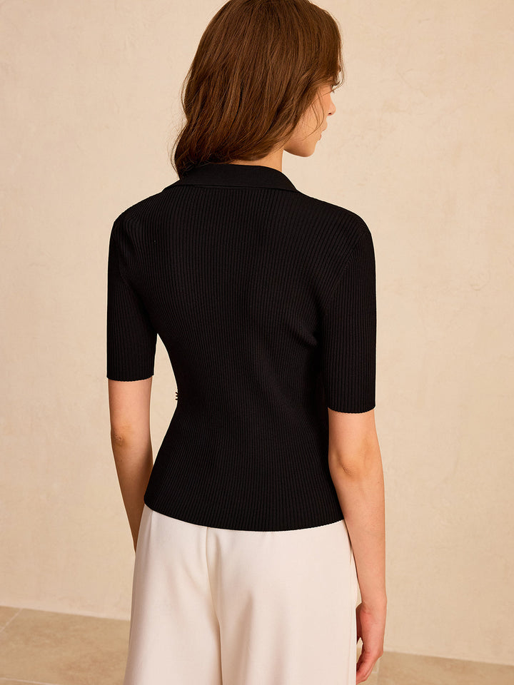Asymmetric Metal Button Ribbed Knit Polo Top