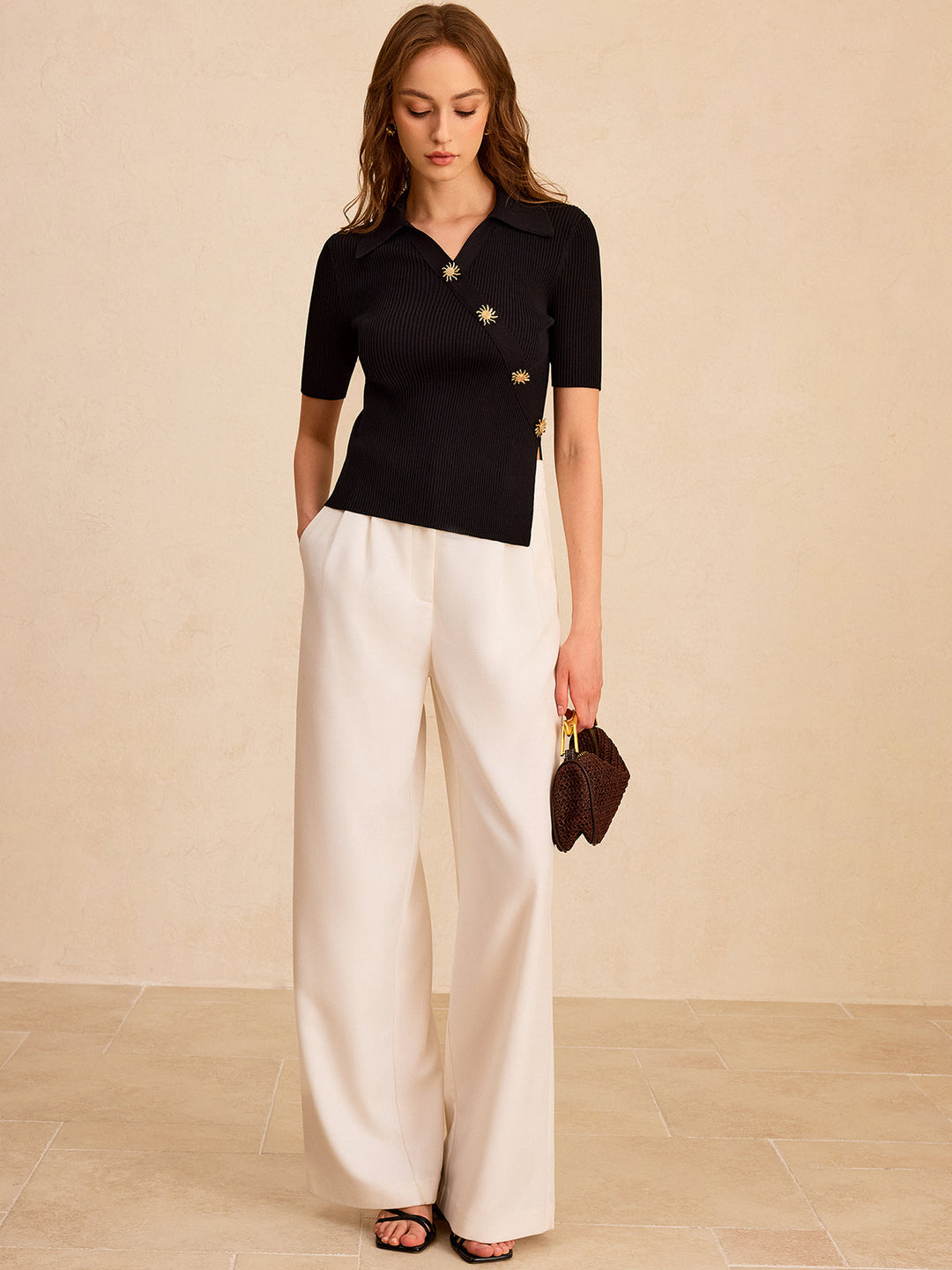 Asymmetric Metal Button Ribbed Knit Polo Top