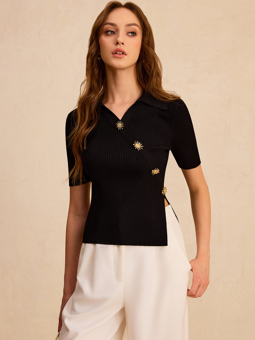 Asymmetric Metal Button Ribbed Knit Polo Top