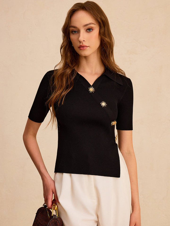 Asymmetric Metal Button Ribbed Knit Polo Top