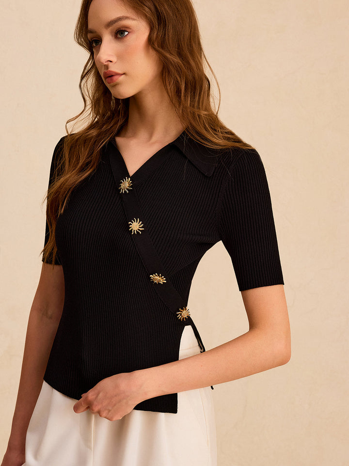 Asymmetric Metal Button Ribbed Knit Polo Top