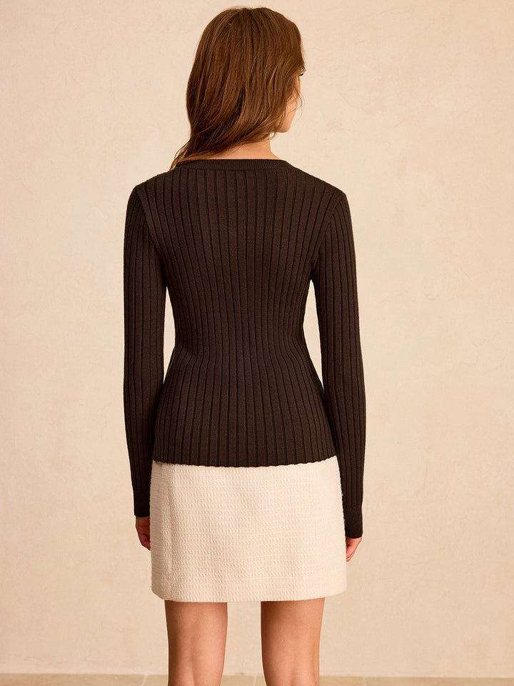 Ribbed Button-Front Knit Top