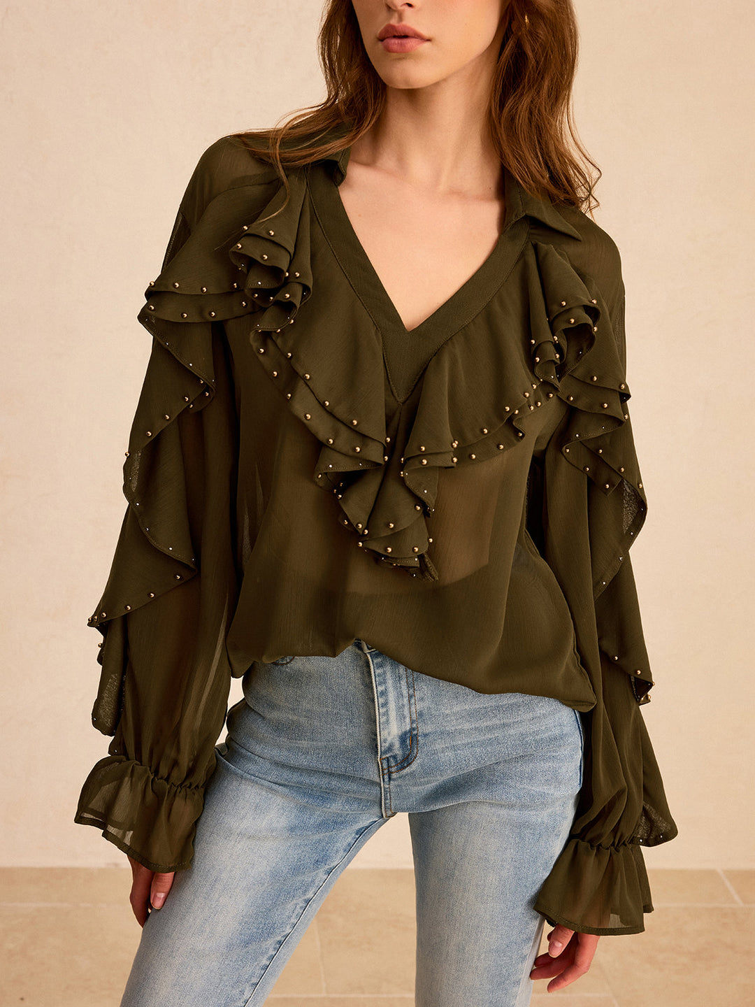 Semi-Sheer Chiffon Ruffle Shirt with Stud Embellishments