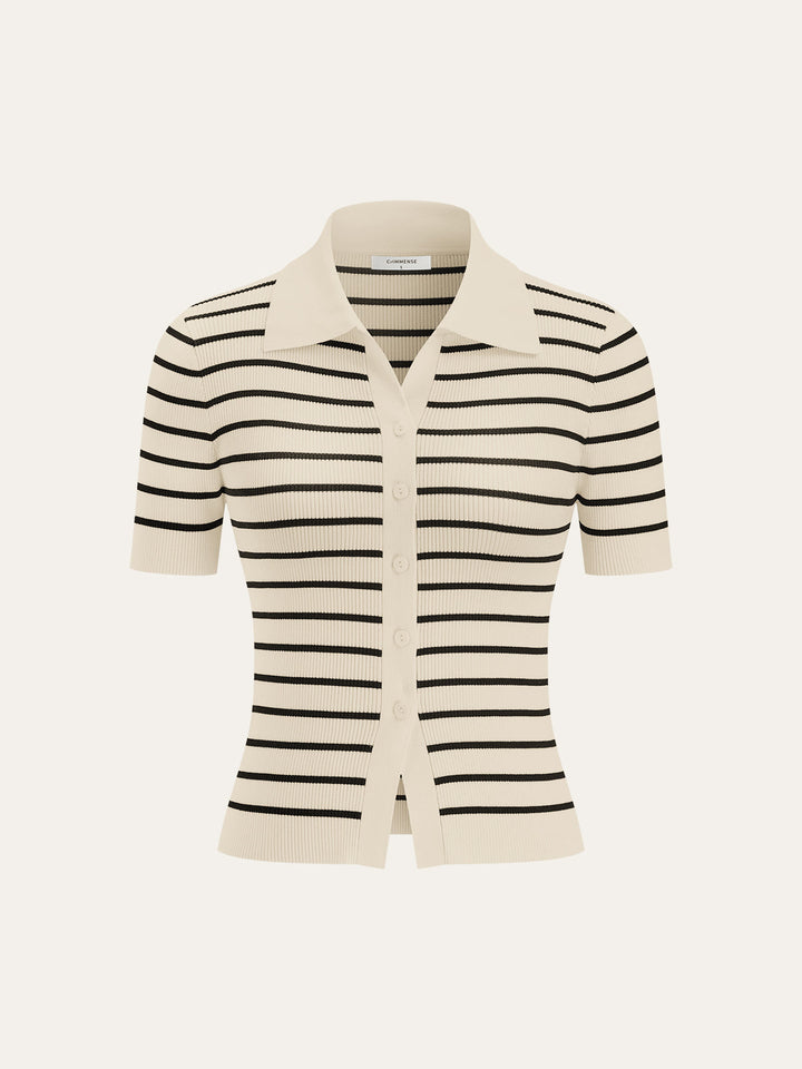 Striped Short-Sleeve Polo Collar Knit Cardigan