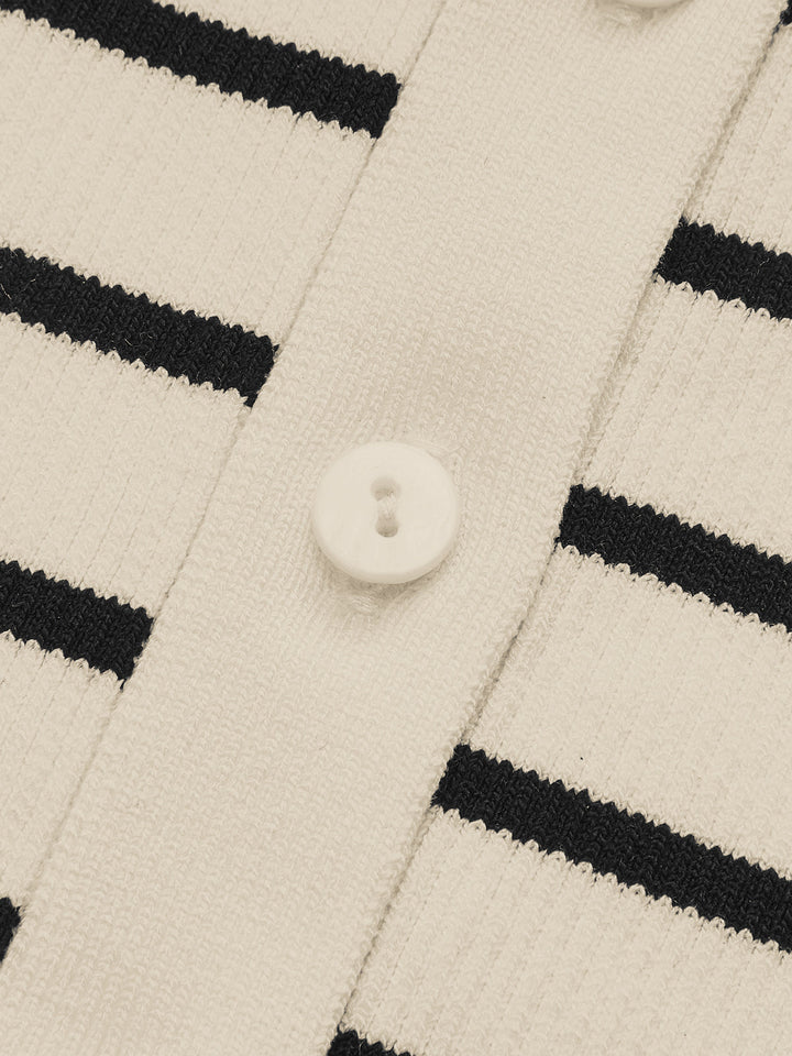 Striped Short-Sleeve Polo Collar Knit Cardigan