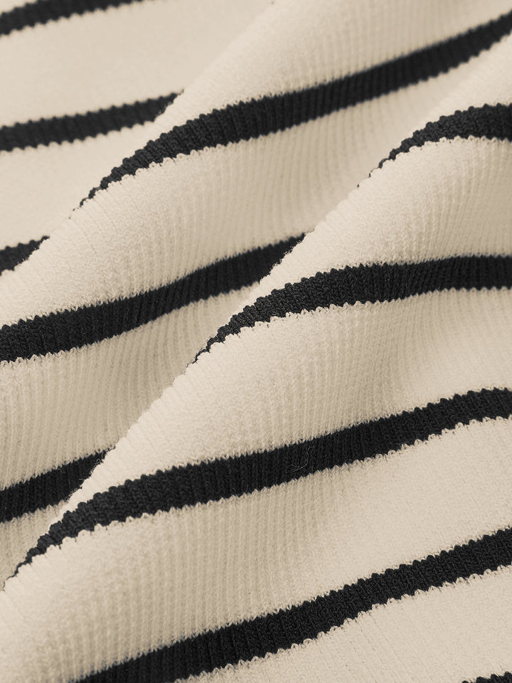 Striped Short-Sleeve Polo Collar Knit Cardigan