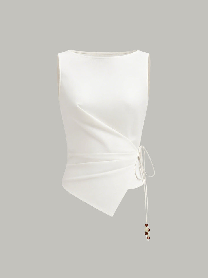 Asymmetric Wrap-Tie Sleeveless Top with Beaded String