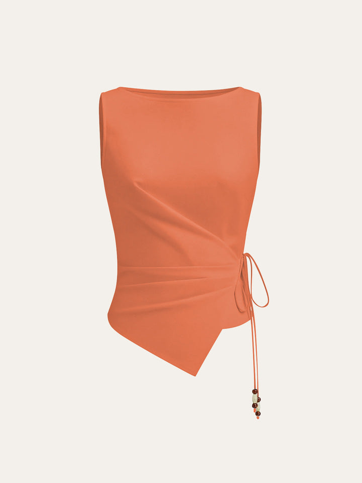 Asymmetric Wrap-Tie Sleeveless Top with Beaded String
