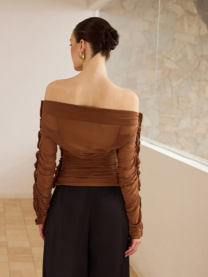 Off-Shoulder Ruched Top with Ruffled Sleeves