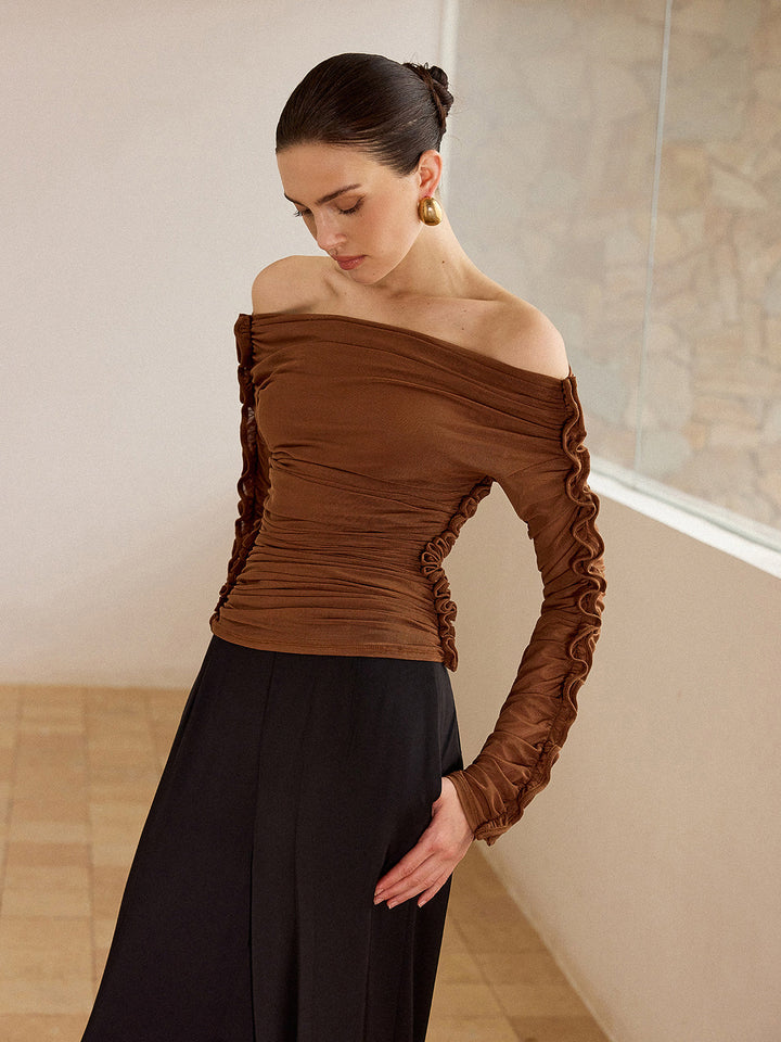 Off-Shoulder Ruched Top with Ruffled Sleeves