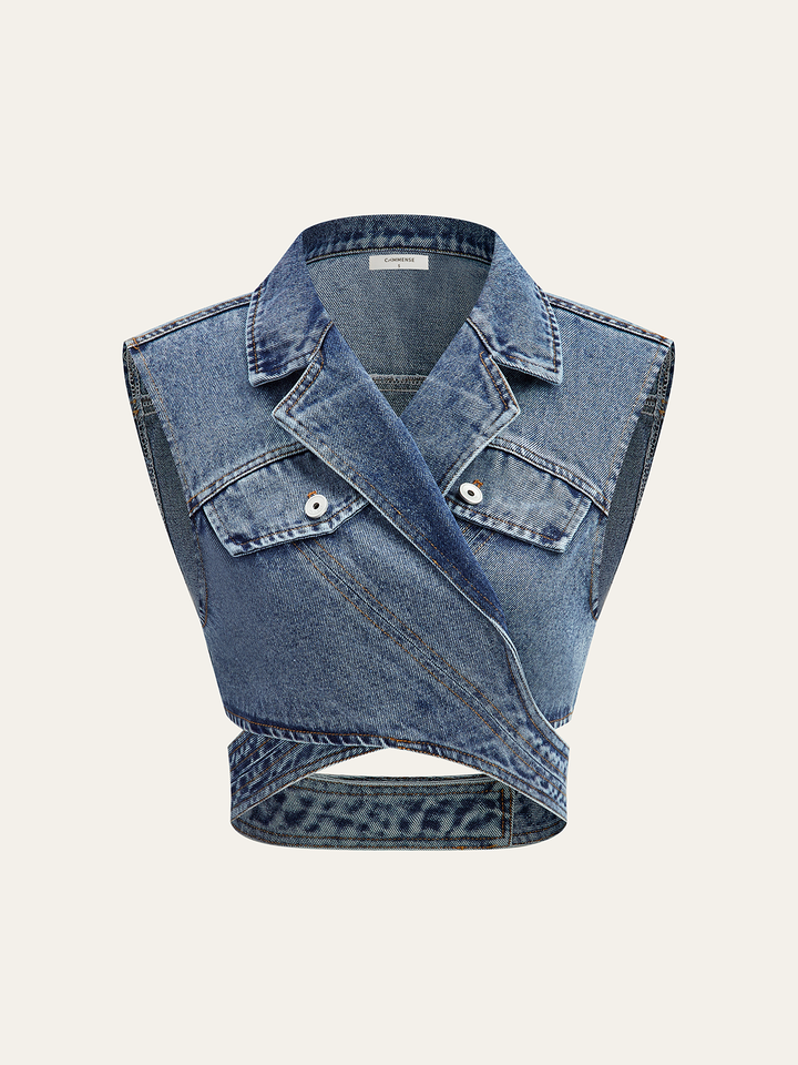 Asymmetric Wrap Denim Lapel Crop Vest