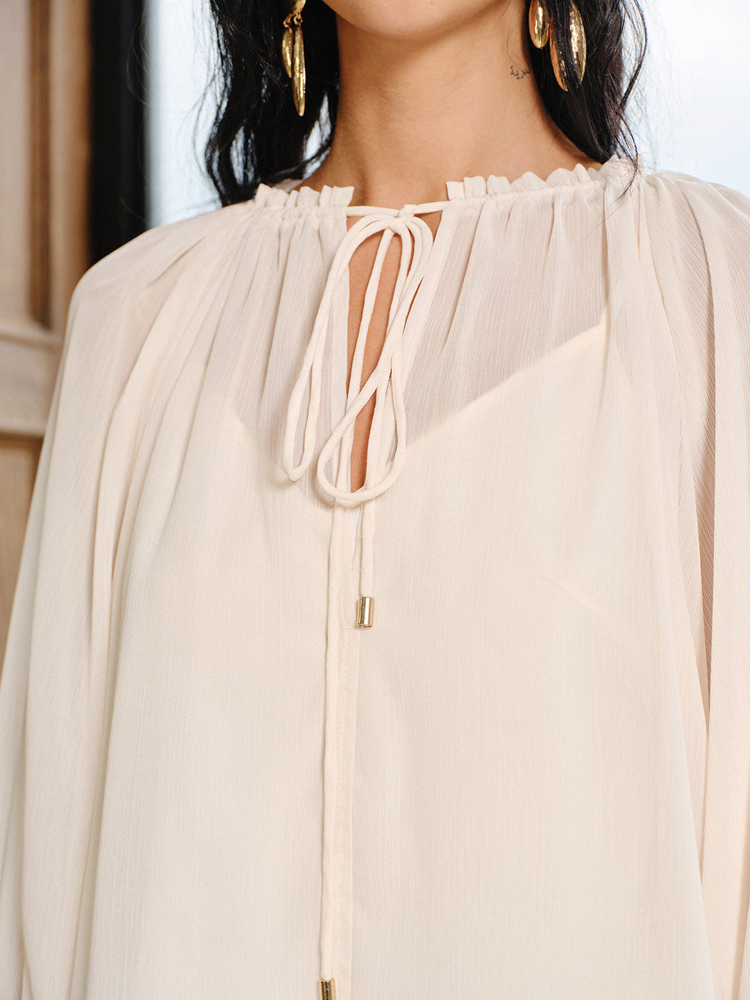 Bell Sleeve Sheer Chiffon Blouse Set with Liner