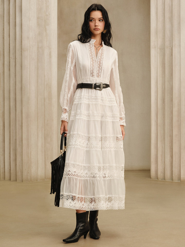 Semi-Sheer Lace Panel Maxi Dress without Belt
