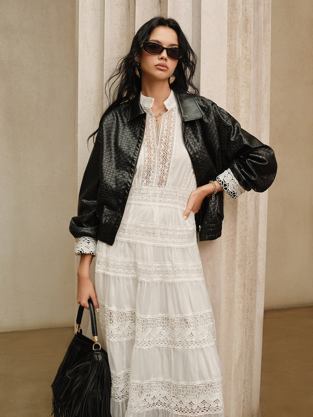 Semi-Sheer Lace Panel Maxi Dress without Belt