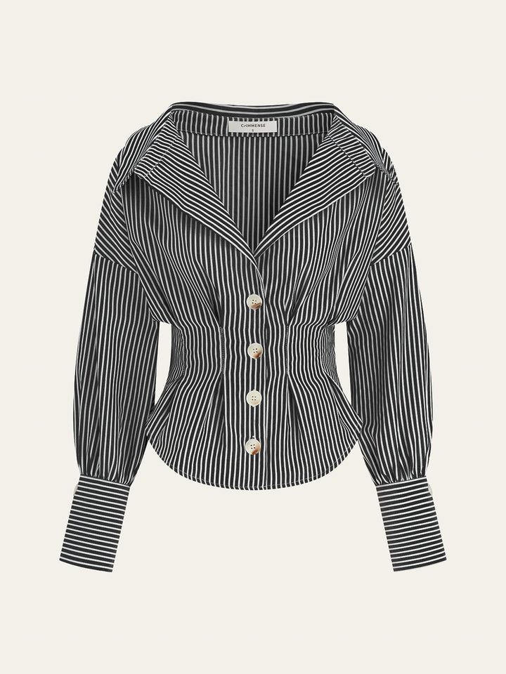 Striped Collared Shirt with Waist-Cinching Design