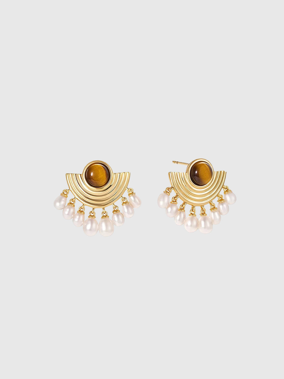 Tiger Eye Pearl Fan-Shaped Earrings