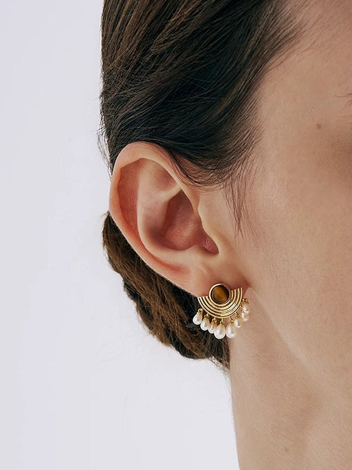 Tiger Eye Pearl Fan-Shaped Earrings