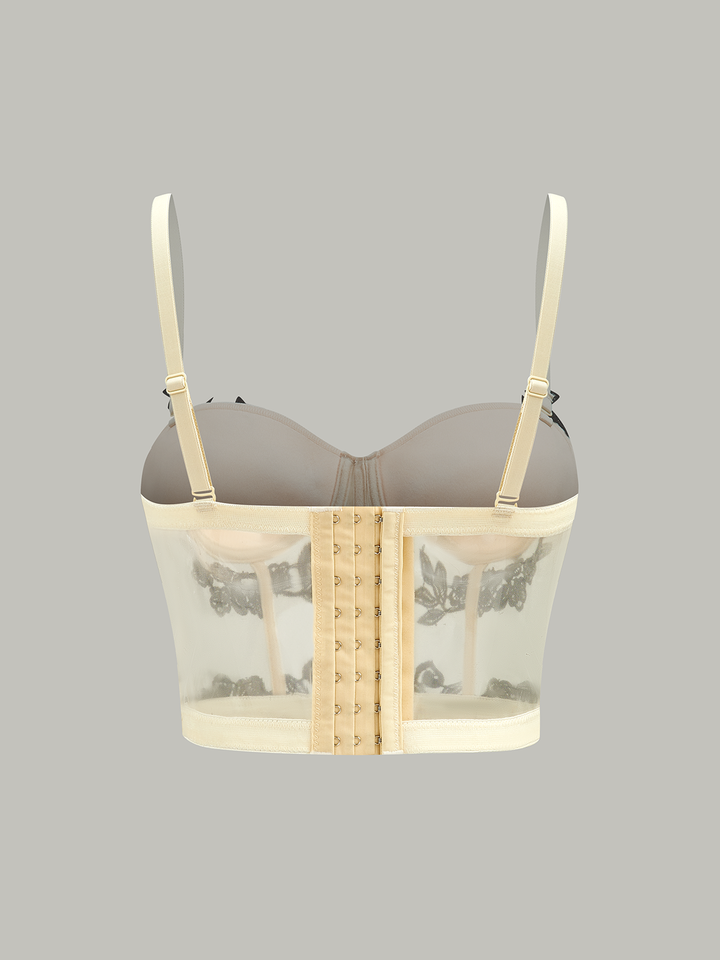 Semi-Sheer Floral Embroidery Mesh Corset Top