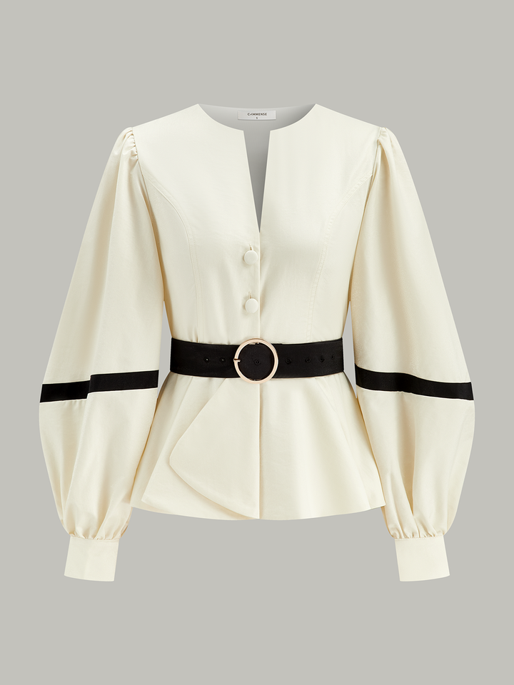 Contrast Belted Balloon Sleeve Shirt