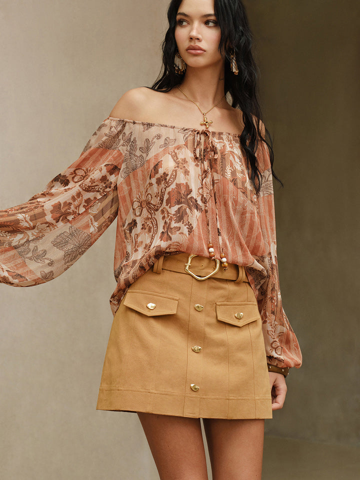 Metal Button Belted Mini Skirt with Decor Pocket