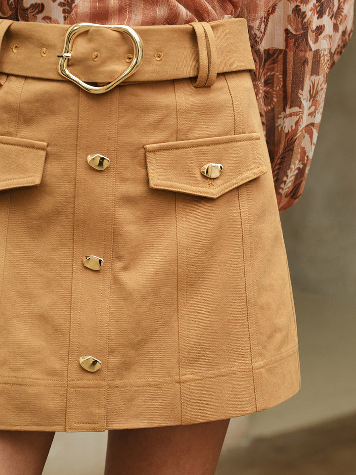Metal Button Belted Mini Skirt with Decor Pocket