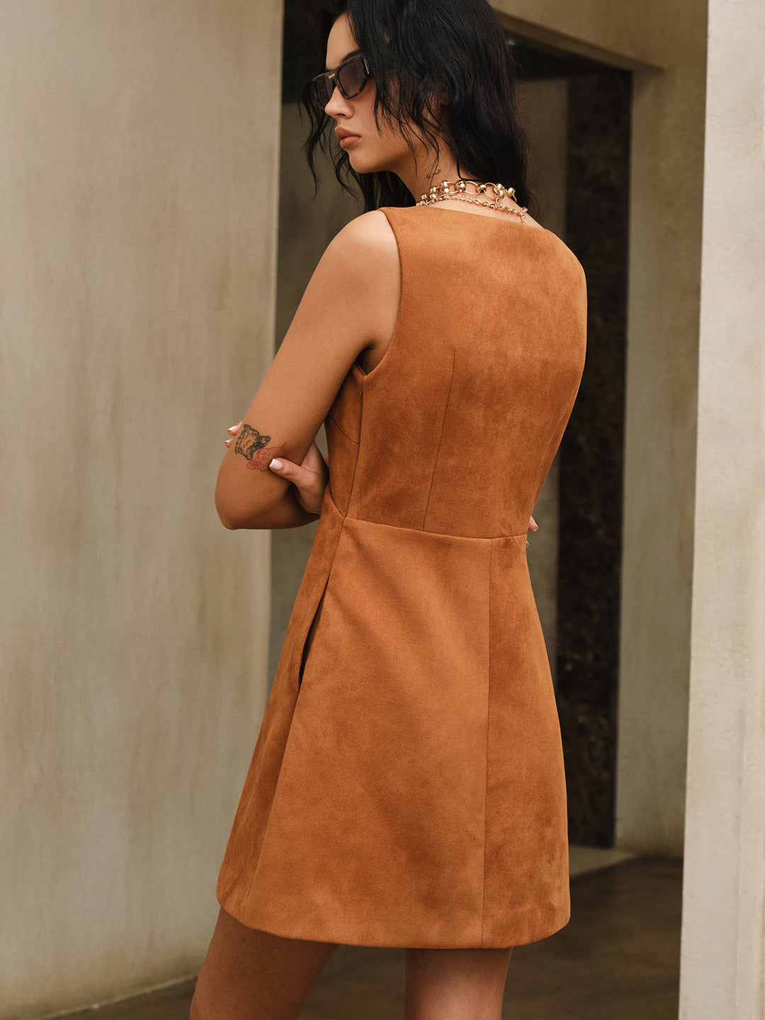 Suede V-Neck Sleeveless Mini Dress