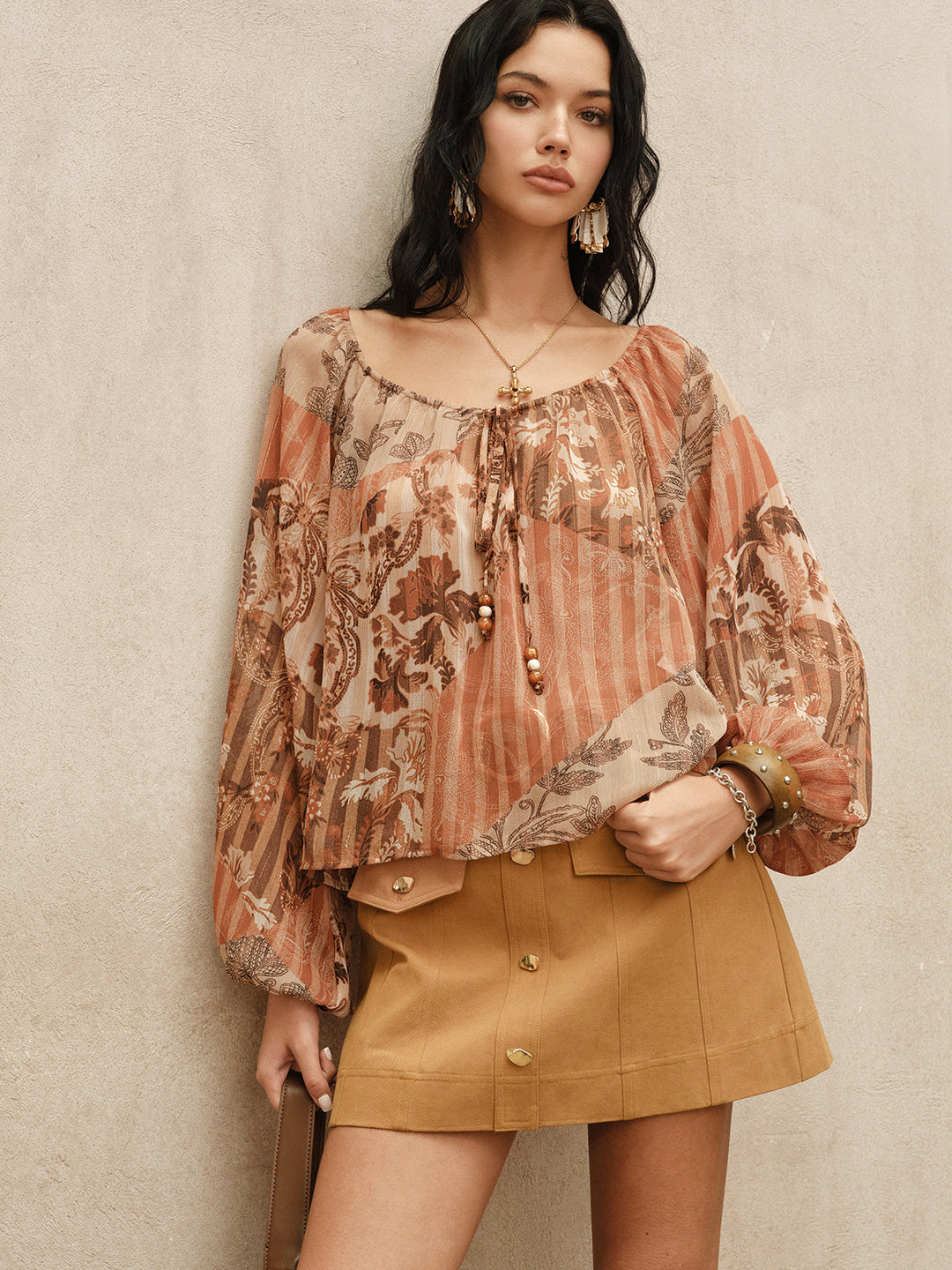 Boho Print Semi-Sheer Chiffon Tie-Front Blouse